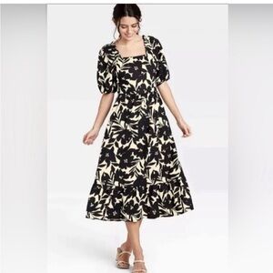 Who What Wear Black linen tropical print tie back balloon sleeve dress L 10 12